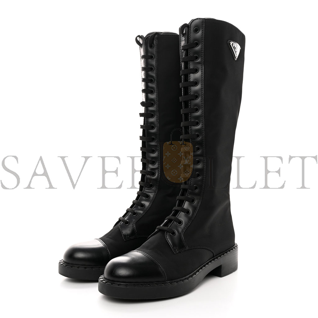 PRADA RE-NYLON SPAZZOLATO ROIS METAL TRIANGLE LOGO TALL 50MM COMBAT BOOTS 38.5 BLACK