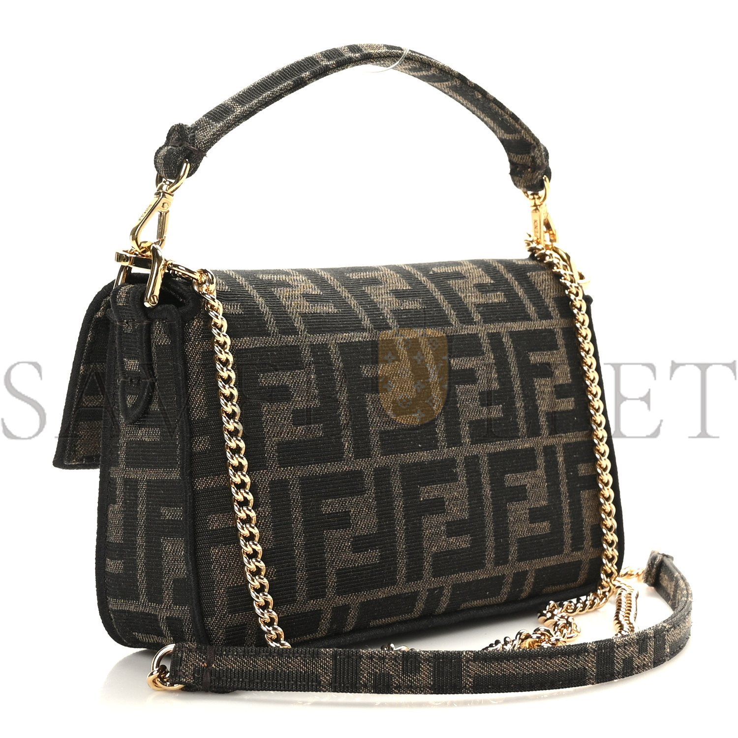 FENDI FABRIC JACQUARD FF 1974 MINI BAGUETTE TOBACCO MORO BLACK (19*11*5cm)