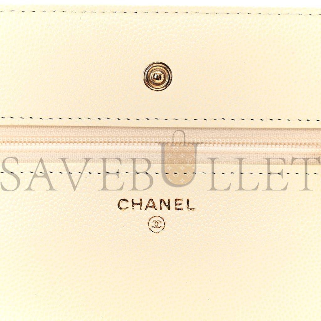 CHANEL CAVIAR QUILTED WALLET ON CHAIN WOC WHITE ROSE GOLD HARDWARE (19*12*4cm)