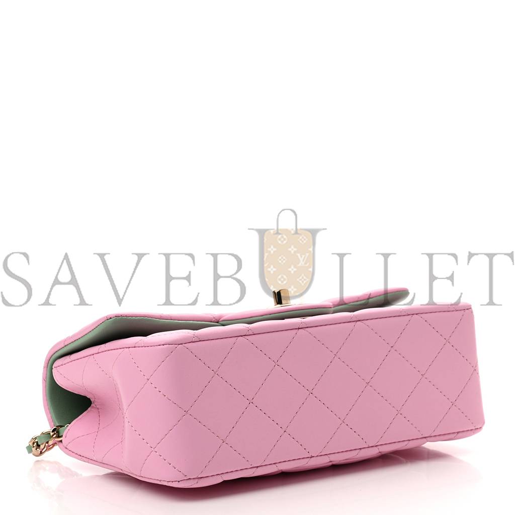 CHANEL LAMBSKIN QUILTED MINI TOP HANDLE RECTANGULAR FLAP LILAC LIGHT GREEN ROSE GOLD HARDWARE (20*12*6cm)