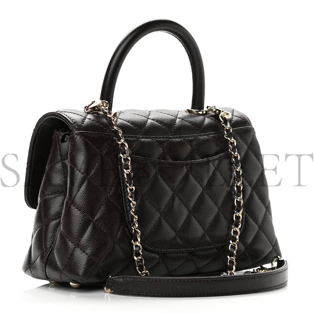 CHANEL CAVIAR QUILTED MINI COCO HANDLE FLAP DARK BROWN ROSE GOLD HARDWARE (23*14*10cm)