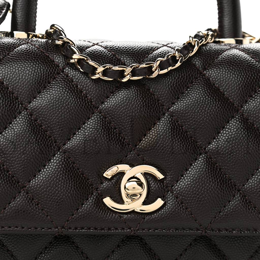 CHANEL CAVIAR QUILTED MINI COCO HANDLE FLAP DARK BROWN ROSE GOLD HARDWARE (23*14*10cm)