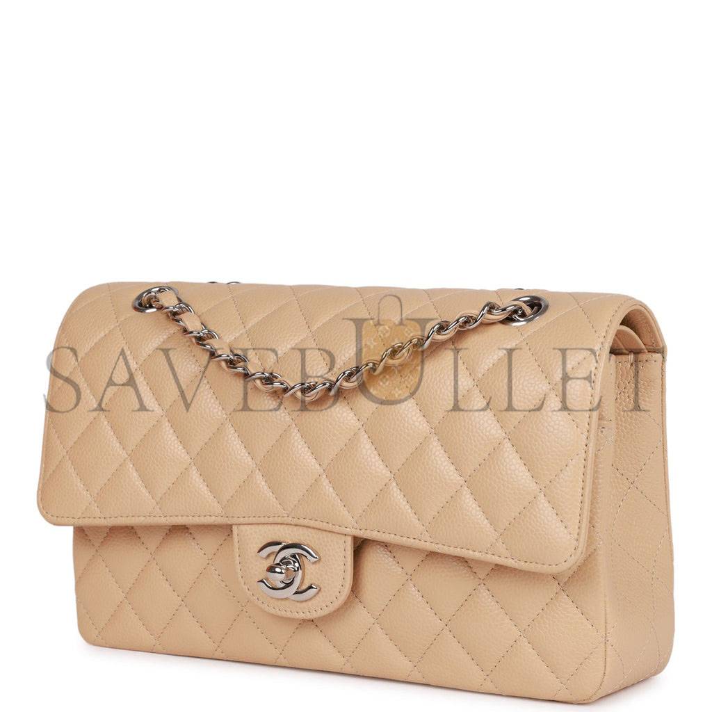 CHANEL MEDIUM CLASSIC DOUBLE FLAP BAG BEIGE CAVIAR SILVER HARDWARE (25*15*7cm)