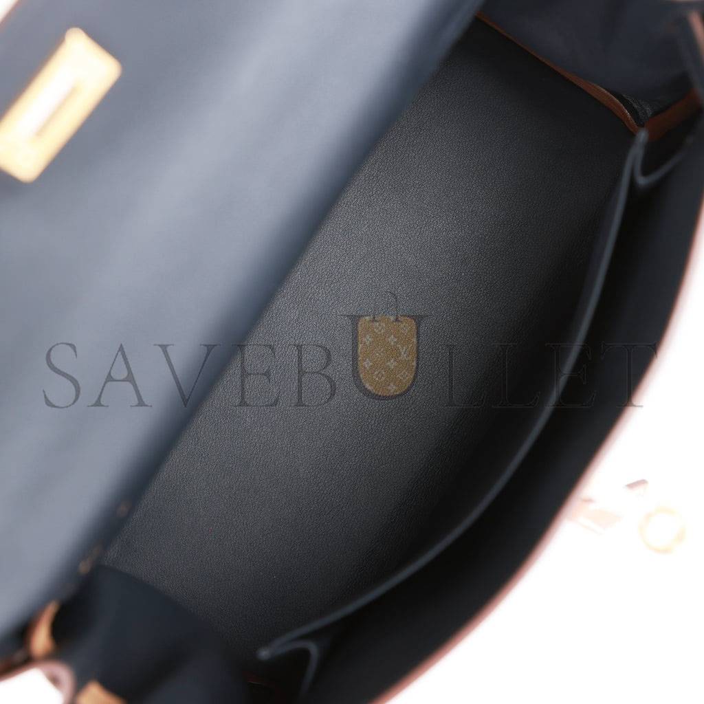 HERMES COLORMATIC KELLY RETOURNE 25 CABAN, BLACK AND CHAI SWIFT GOLD HARDWARE HANDMADE (25cm)