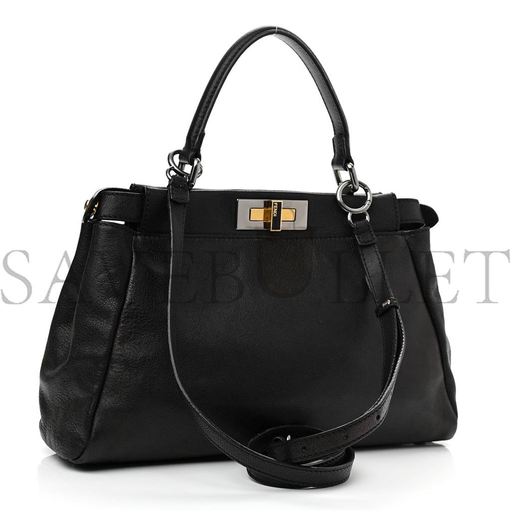 FENDI GOATSKIN ZUCCA MEDIUM PEEKABOO ICONIC SATCHEL BLACK TOBACCO (34*22*11cm)