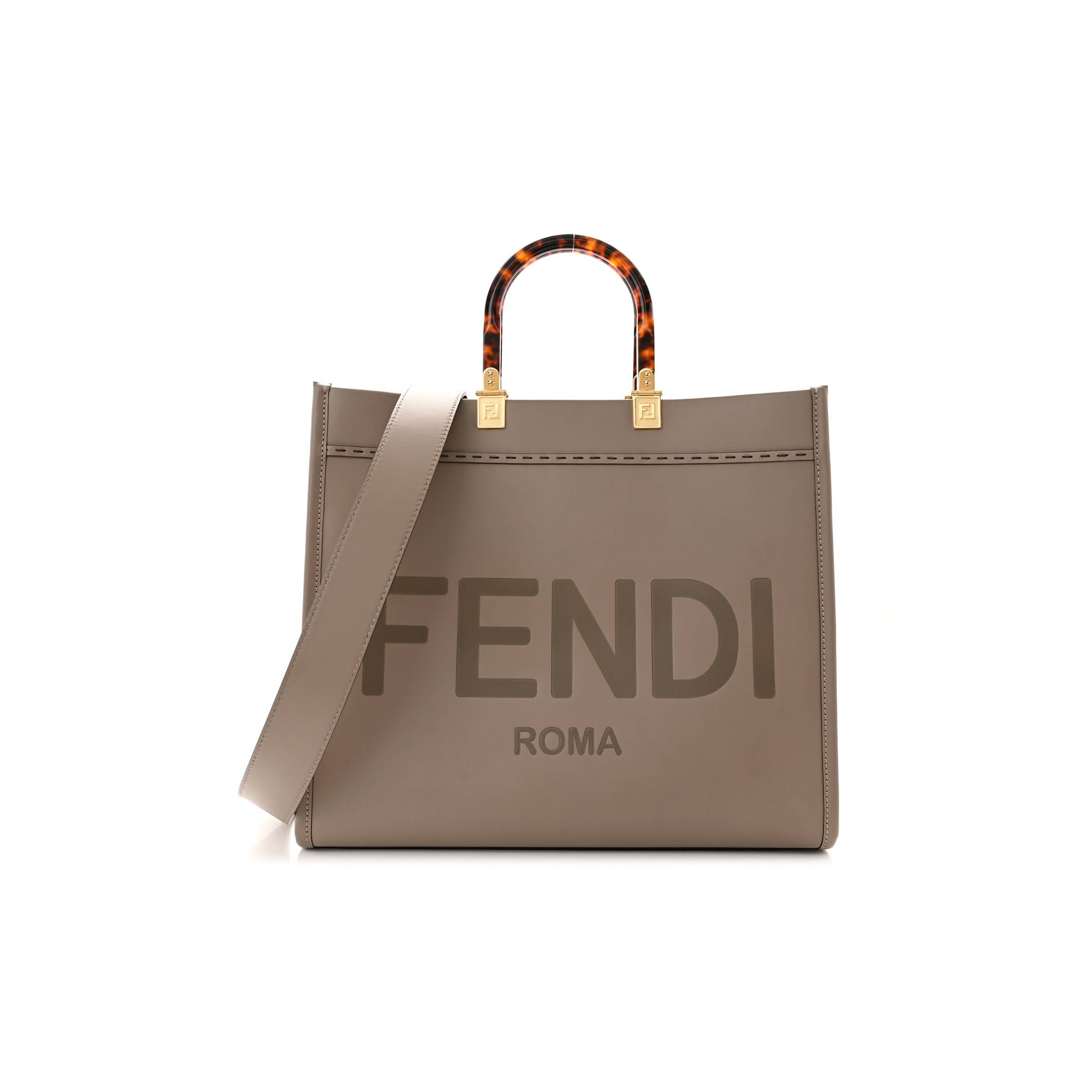 FENDI VITELLO KING PLEXIGLASS LOGO EMBOSSED MEDIUM FENDI SUNSHINE SHOPPER TOTE TORTORA (36*30*16cm)